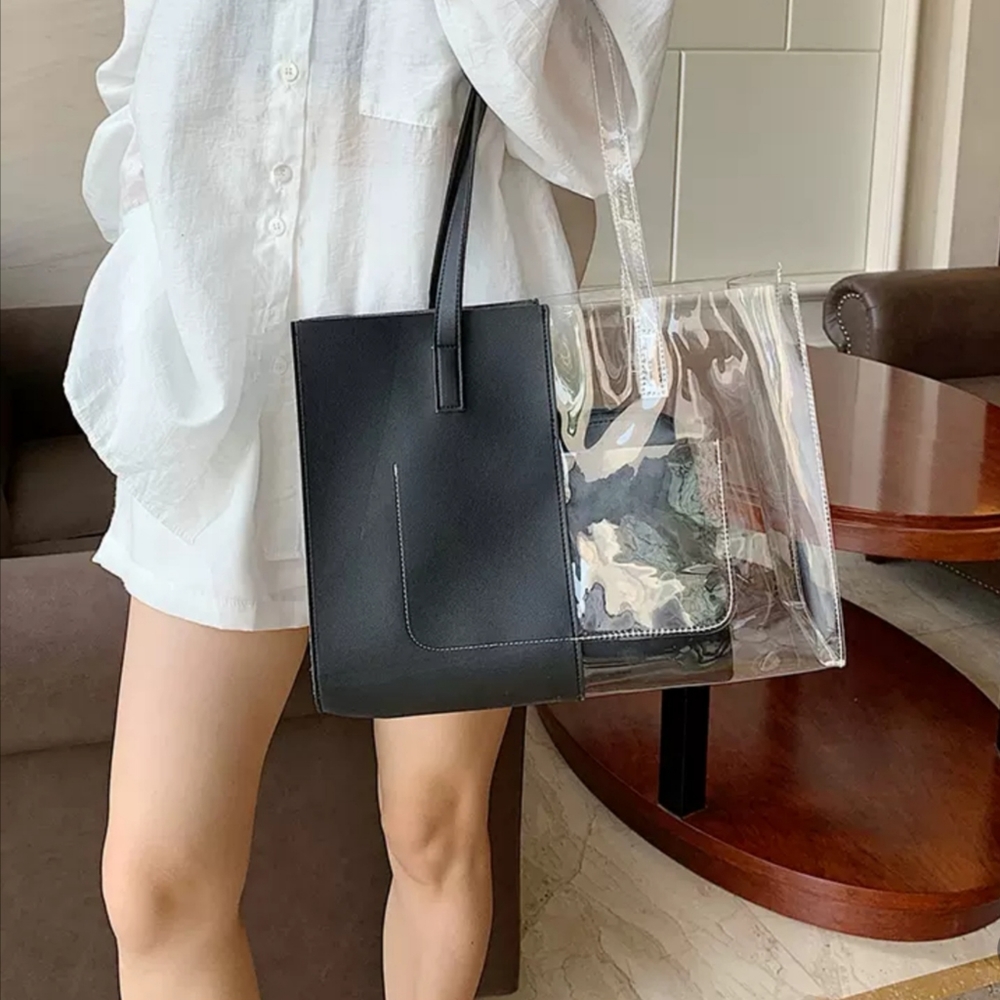 Half and Half clear black vegan leather tote